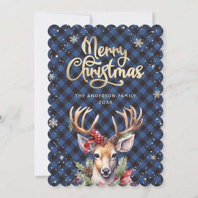 Tarjeta Festiva Deer Holly Red Berries Snowflakes Christmas Card (Anverso)