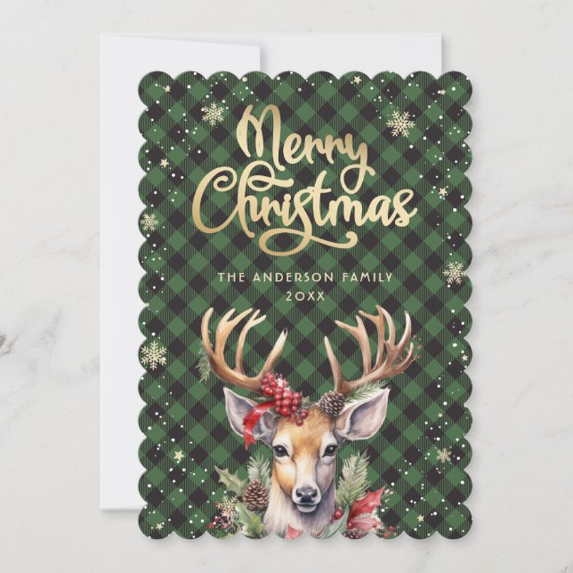 Tarjeta Festiva Deer Holly Red Berries Snowflakes Green Christmas (Anverso)