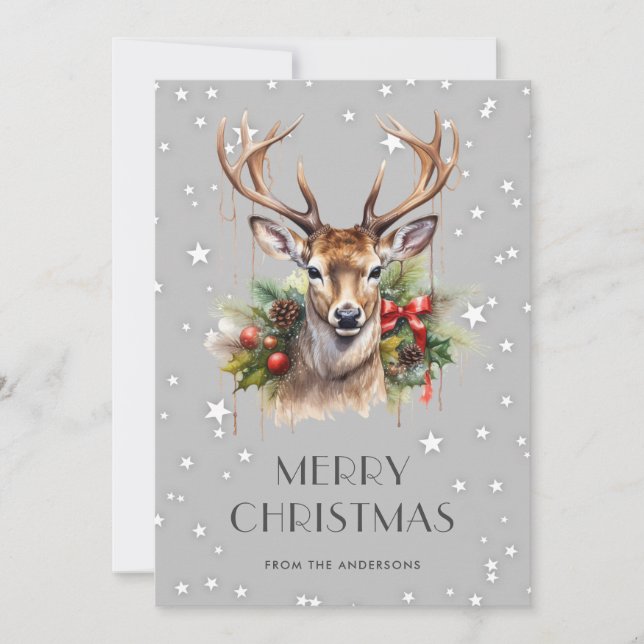 Tarjeta Festiva Deer Holly Stars Snowflakes Merry Christmas Card (Anverso)