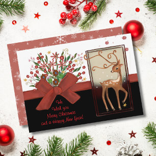 Tarjeta Festiva Deer Red Bow Black White