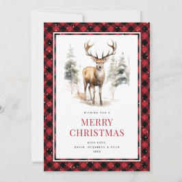 Tarjeta Festiva Deer Stag Watercolor Red Buffalo Plaid Navidades