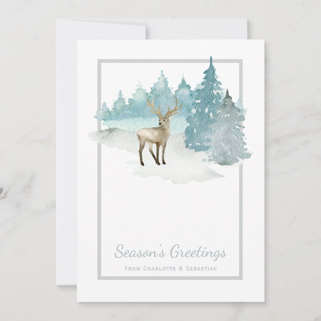 Tarjeta Festiva Deer Watercolor Winter Woodland Navidades (Anverso)