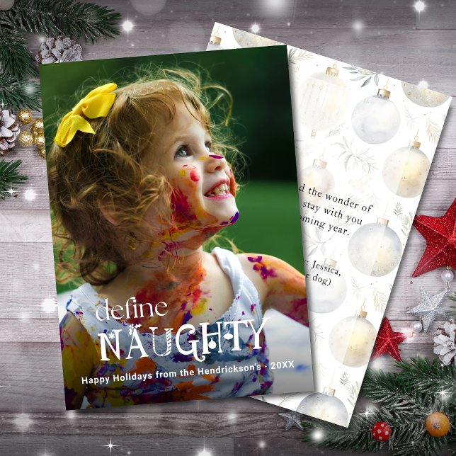 Tarjeta Festiva Definir Foto de Niño Divertido Travieso (define NAUGHTY funny baby child holiday Christmas card with custom photo, name, greeting.)