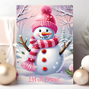Tarjeta Festiva Deja que nieve muñeco de nieve rosa lindo
