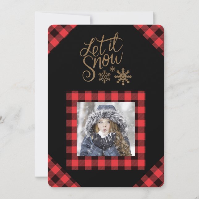 Tarjeta Festiva Deja que nieve Red Buffalo Check Photo Holiday Car (Anverso)