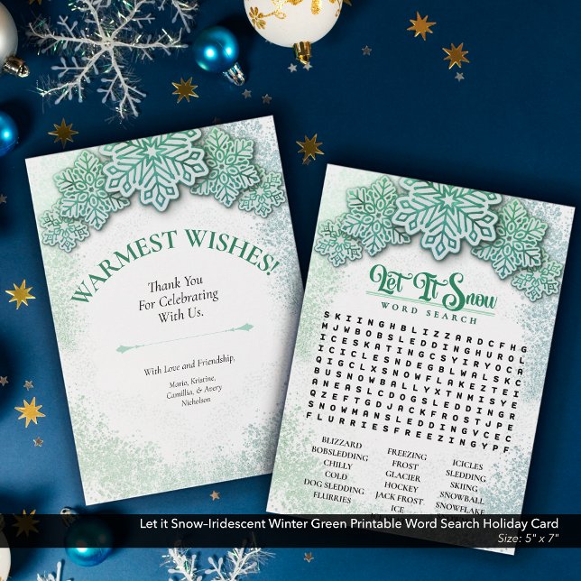 Tarjeta Festiva Déjalo Snow-Winter Green Imprimir Word Search (Let it Snow–Winter Green Printable Word Search Holiday Card)