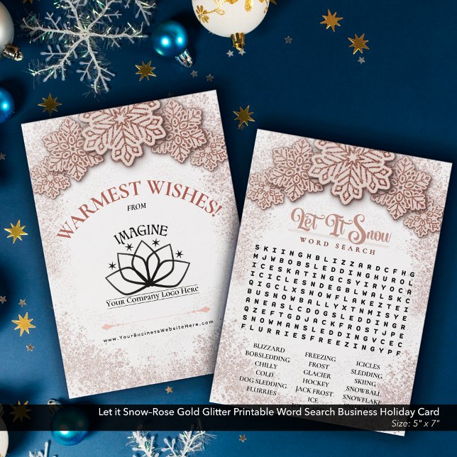 Tarjeta Festiva Dejar que el negocio de búsqueda de palabras impri (Let it Snow–Rose Gold Glitter & Dusty Pink Printable Holiday Word Search–Business Promotional Piece.)