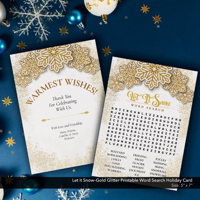 Tarjeta Festiva Dejar que el Purpurina Snow-Gold imprimible Word S (Let it Snow–Gold Glitter Printable Word Search Holiday Card)