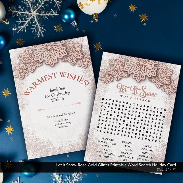 Tarjeta Festiva Dejar que la búsqueda de palabras con Rosa de niev (Let it Snow–Rose Gold Printable Word Search Holiday Card)