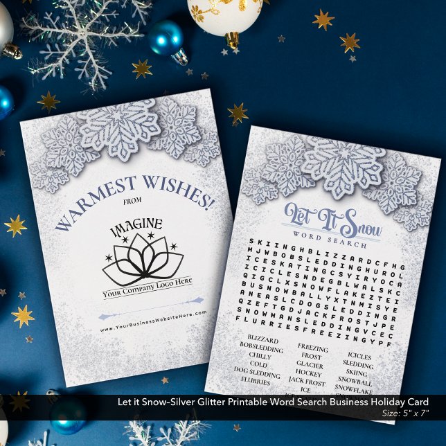 Tarjeta Festiva Dejar que la búsqueda de palabras de negocios impr (Let it Snow–Silver Glitter Printable Holiday Word Search–Business Promotional Piece.)