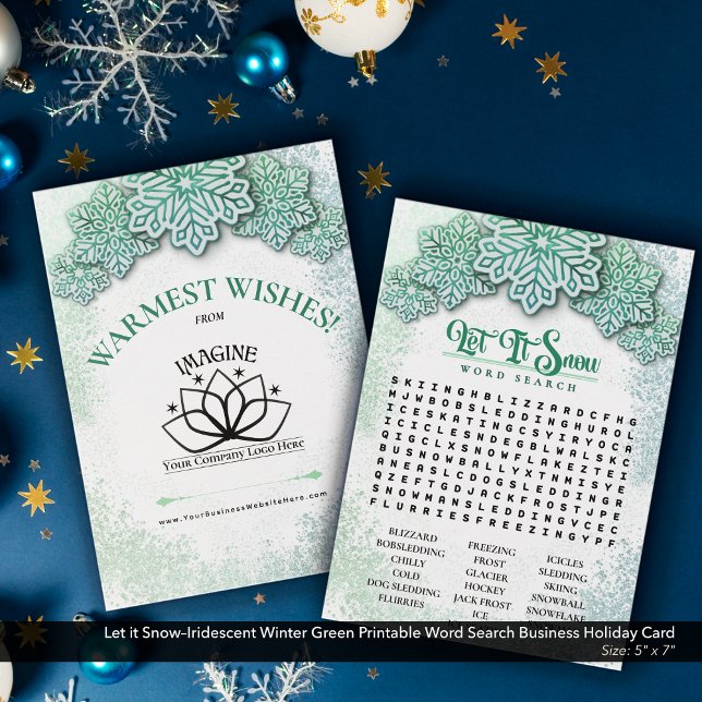 Tarjeta Festiva Dejar que la búsqueda de palabras de negocios impr (Let it Snow–Iridescent Winter Green Printable Holiday Word Search–Business Promotional Piece.)