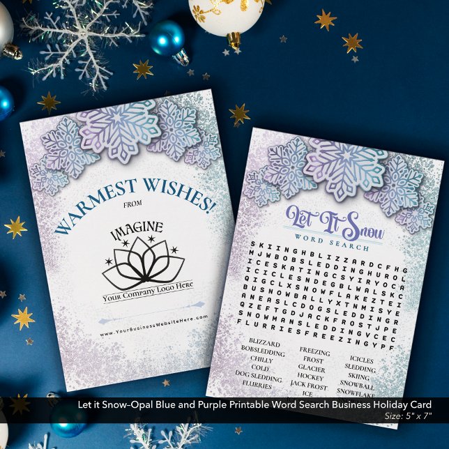 Tarjeta Festiva Dejar que la búsqueda de palabras de negocios impr (Let it Snow–Opal Blue and Purple Printable Holiday Word Search–Business Promotional Piece.)