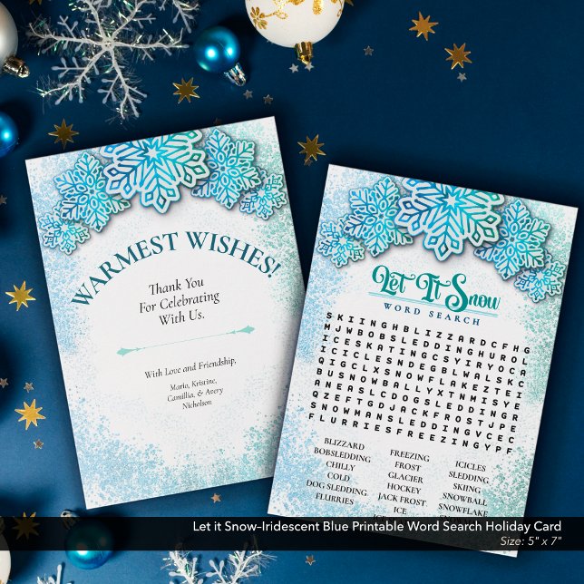 Tarjeta Festiva Dejar que la nieve-iridiscente azul se imprima en  (Let it Snow–Iridescent Blue Printable Word Search Holiday Card)
