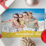 Tarjeta Festiva Dejar que neven graciosos Navidades de playa vacac<br><div class="desc">Comparte una de tus fotos favoritas de vacaciones con esta graciosa tarjeta de Navidades fotográficos que incluye un moderno overlay con la frase "Let it snow where other",  decorada con pinos blancos y copos de nieve.</div>