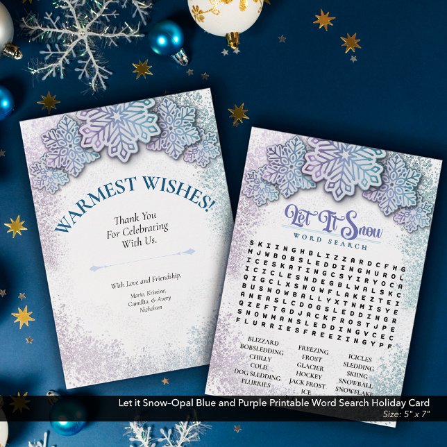 Tarjeta Festiva Dejar que Snow-Opal Blue Purple Imprimible Word Se (Let it Snow–Opal Blue and Purple Printable Word Search Holiday Card)