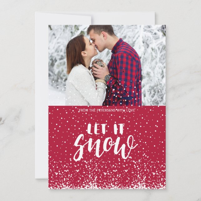 Tarjeta Festiva Dejemos nevar blanco rojo primera pareja de nieve  (Anverso)
