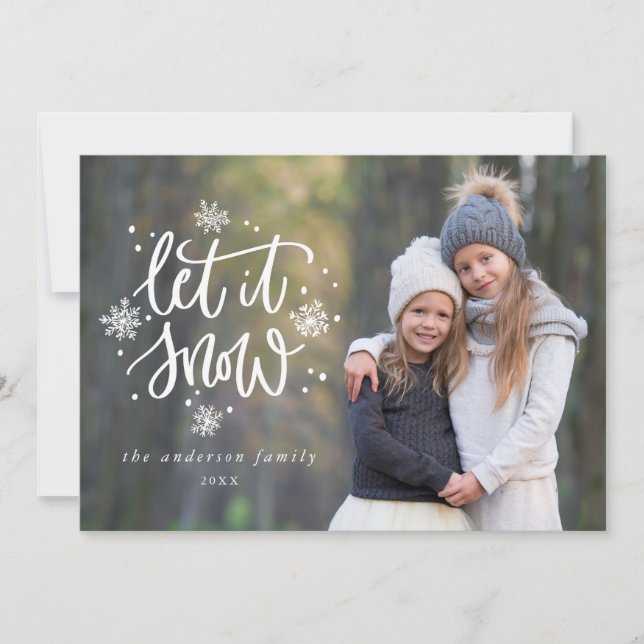 Tarjeta Festiva Dejemos que nieve a mano. Foto superpuesta de copo (Anverso)