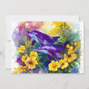 Tarjeta Festiva Delfines de océano en acuarela con flores tropical