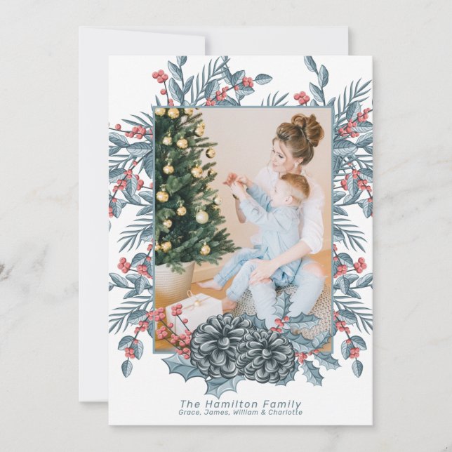 Tarjeta Festiva Delicada foto de Navidades del cono de pino azul d (Anverso)