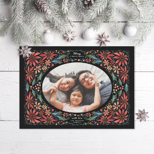Tarjeta Festiva Delicada Poinsettia Óval Frame Black Photo