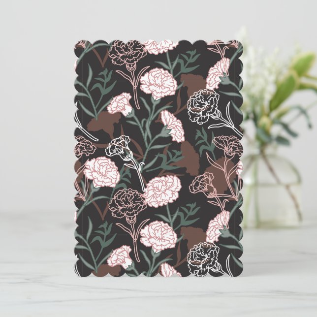 Tarjeta Festiva Delicados claveles rosados con flores de hojas ver (Anverso de pie)