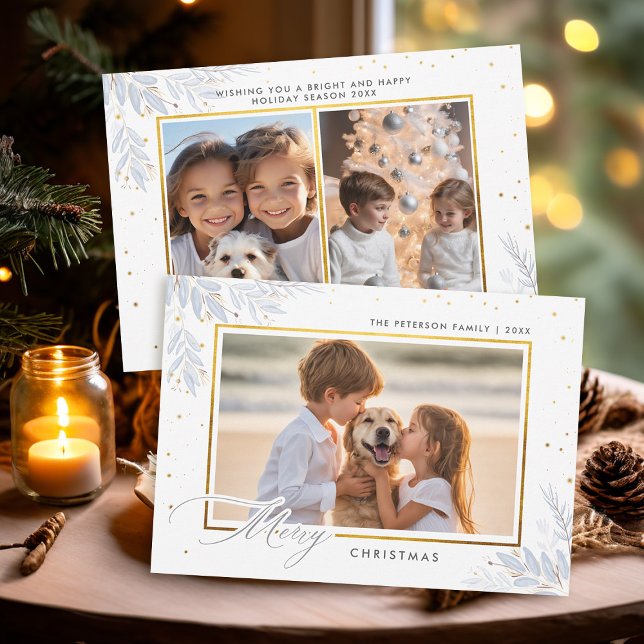 Tarjeta Festiva Delicados Navidades de fotografía de Winter Greene (christmas card kids photo template winter greenery gold frame modern minimalist simple chic)