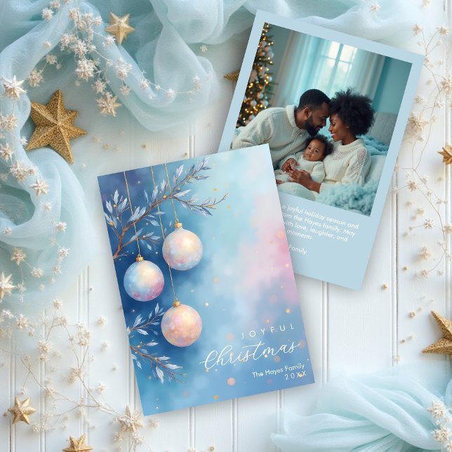 Tarjeta Festiva Delicate Christmas Blue Shades Elegant Ornaments (Delicate Christmas Blue Shades Elegant Ornaments with Back Photo Holiday Cards.)
