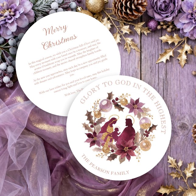Tarjeta Festiva Delicate Deep Plum Glitter Holy Nativity Christmas (Delicate Deep Plum Glitter Shades Holy Family Nativity Exquisite Christmas Contemporary Cards.)