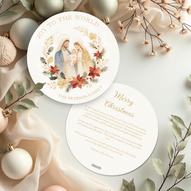 Tarjeta Festiva Delicate Glitter Holy Family Nativity Christmas (Delicate Glitter Holy Family Nativity Exquisite Christmas Contemporary & Original Round Holiday Card)