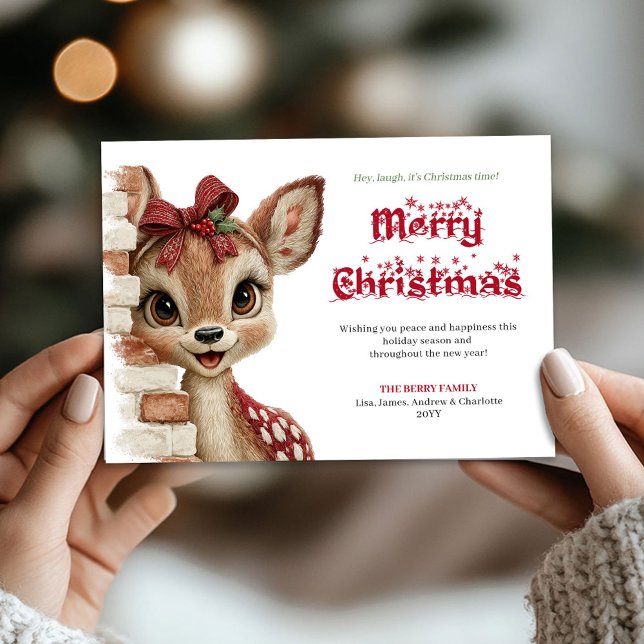 Tarjeta Festiva Delightful Christmas baby fawn peeking greeting  (Delightful Christmas baby fawn peeking greeting card)