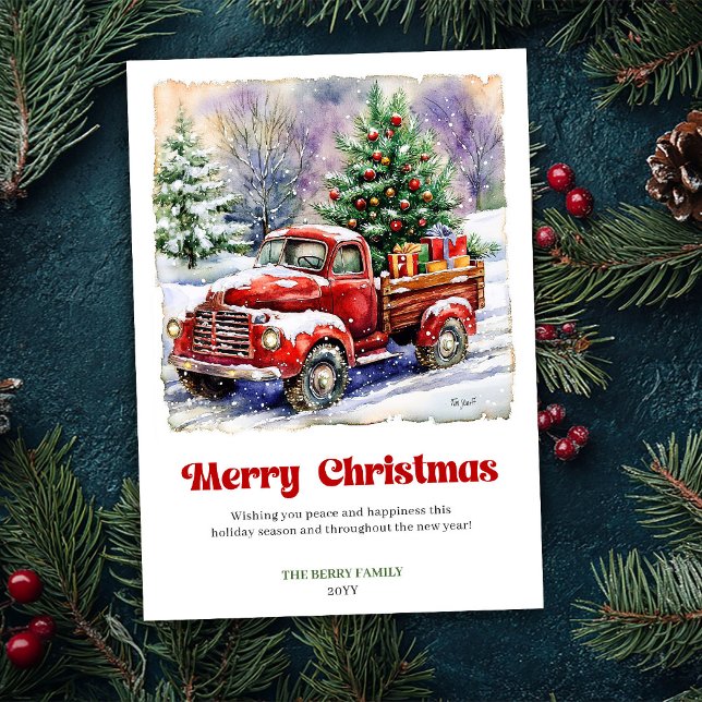 Tarjeta Festiva Delightful Rustic Red Truck Winter Scene Holiday  (Delightful Rustic Red Truck Winter Scene Holiday Card)