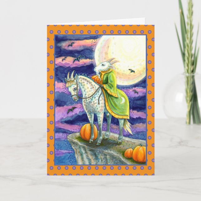 TARJETA FESTIVA DEMONIO DE CABRA, SEGURO FANTASY HALLOWEEN DE PASO (Anverso)