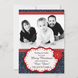 Tarjeta Festiva Denim con Navidades de foto de puntos de polka roj