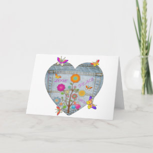 Tarjeta Festiva Denim Pocket Heart Flowers Butterflies Holiday Car