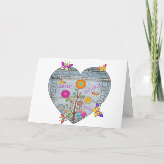 Tarjeta Festiva Denim Pocket Heart Flowers Butterflies Holiday Car (Anverso)