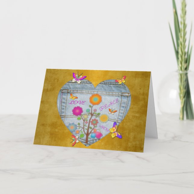 Tarjeta Festiva Denim Pocket Heart Flowers Butterflies on Gold (Anverso)