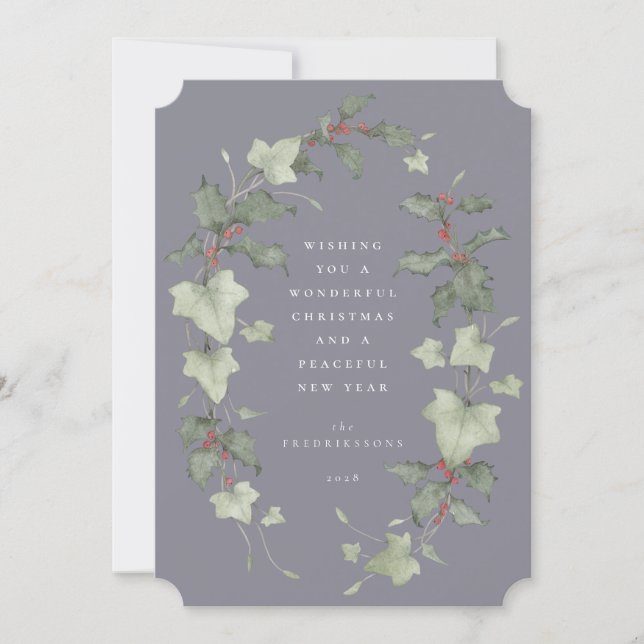 Tarjeta Festiva Desaturated Purple Watercolor Holly & Ivy (Anverso)
