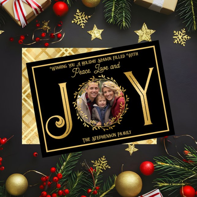 Tarjeta Festiva Deseándote Temporada de Vacaciones Paz Amor y Aleg ("Wishing You A Season ... Peace Love and Joy" Faux Foil Photo Black Christmas Holiday Flat Card )