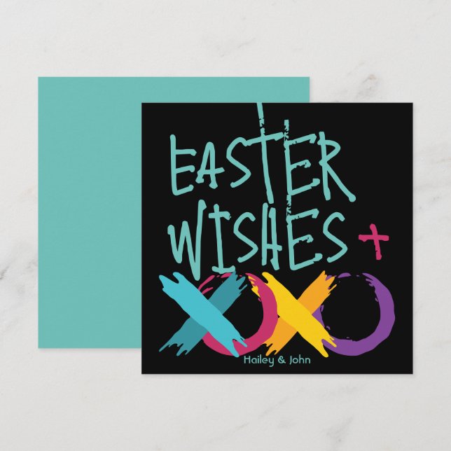 Tarjeta Festiva Deseos, abrazos y besos de Pascua | Negro y turque (Anverso / Reverso)