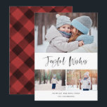 Tarjeta Festiva Deseos alegres de Navidades de fotografía con escr<br><div class="desc">¡Esta elegante y elegante tarjeta fotográfica de vacaciones seguramente se extenderá con alegría este año! Con un sentimiento alegre en el guión de un cepillo con una textura inky que dice "Joyful Wishes" Personaliza el texto de abajo y las fotos con las tuyas. Viene con un patrón clásico pintado de...</div>