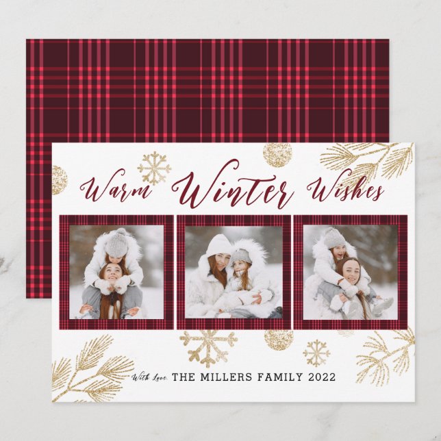 Tarjeta Festiva Deseos cálidos de invierno 3 Collages de fotos (Anverso / Reverso)