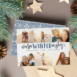 Tarjeta Festiva Deseos cálidos de invierno | COLLAGE DE FOTOS<br><div class="desc">Nuestro elegante y festivo diseño de tarjetas de vacaciones es la manera perfecta de mostrar seis de tus fotos familiares favoritas. El diseño presenta "Warms Winter Wishes" en una tipografía azul marino con letras a mano sobre un fondo blanco. Personaliza con tus nombres y el año para un personalizado de...</div>