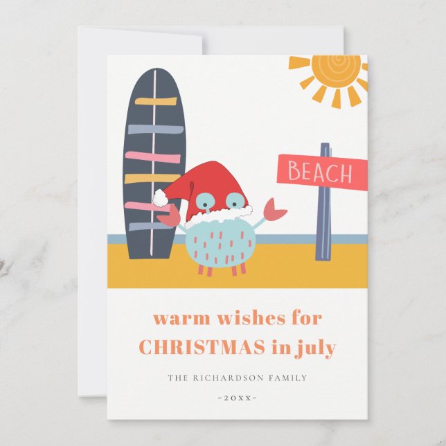 Tarjeta Festiva Deseos cálidos de Navidades en julio Beach Sun San (Anverso)