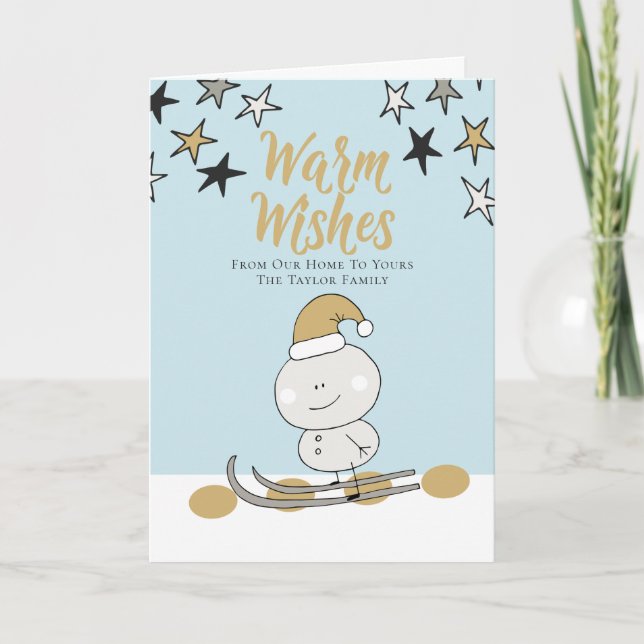 Tarjeta Festiva Deseos Cálidos Navidades Esquiadores Personalizado (Anverso)