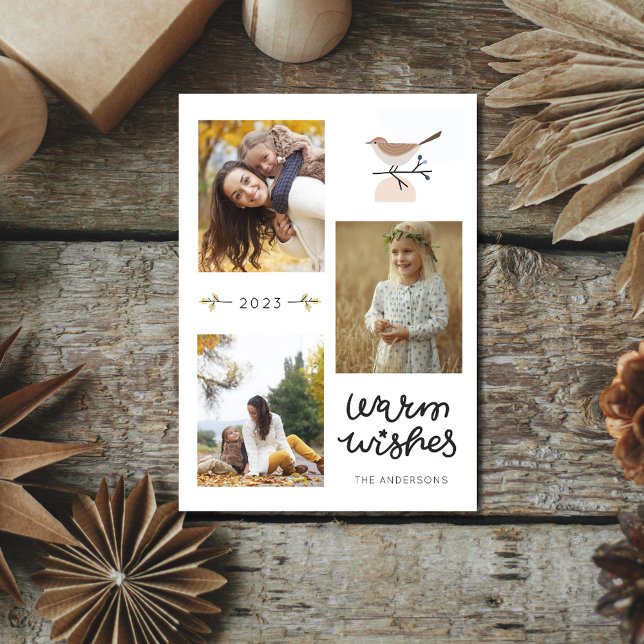 Tarjeta Festiva Deseos Cálidos Pájaro Botánico Tres Navidades Foto (Warm Wishes Botanical Bird Three Photo Christmas Holiday Card)