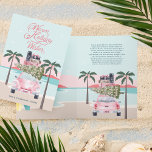 Tarjeta Festiva Deseos Cálidos Palmeras Tropicales y Coche Retro R<br><div class="desc">El diseño presenta nuestro cálido paisaje tropical dibujado a mano con la vista frontal de un auto color agua rosa retro de moda con carga de equipaje y un árbol de Navidad apilado en la parte superior del auto. Los "Deseos cálidos de las vacaciones" se muestran en una elegante caligrafía...</div>