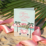 Tarjeta Festiva Deseos Cálidos Palmeras Tropicales y Coche Retro R<br><div class="desc">El diseño presenta nuestro cálido paisaje tropical dibujado a mano con la vista frontal de un auto color agua rosa retro de moda con carga de equipaje y un árbol de Navidad apilado en la parte superior del auto. Los "Deseos cálidos de las vacaciones" se muestran en una elegante caligrafía...</div>