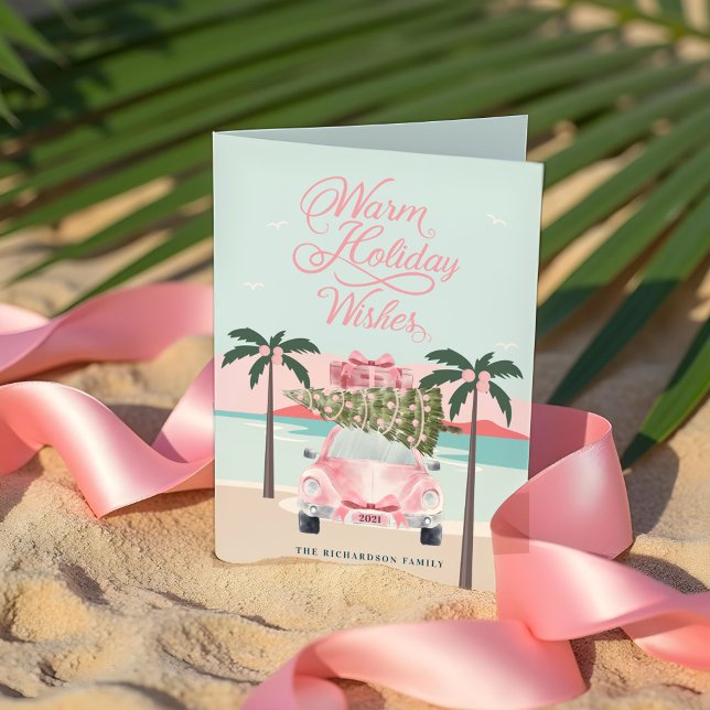 Tarjeta Festiva Deseos Cálidos Palmeras Tropicales y Coche Retro R (Warm Wishes Tropical Palm Trees & Pink Retro Car Holiday Card)
