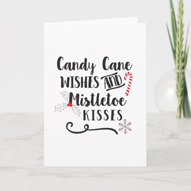 Tarjeta Festiva deseos de caña de caramelo y besos de mistletoe (Anverso)
