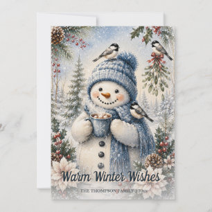 Tarjeta Festiva Deseos de invierno cálido Muñeco de nieve Cacao ca